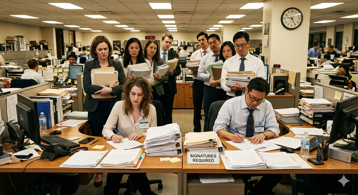 Birou cu coadă la semnat hârtii